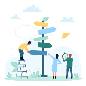 Illustration of three people working together near a large signpost with multiple directional arrows in various colors. One person is adjusting a sign, another points in a direction, and the third holds a compass, symbolizing teamwork and decision-making.