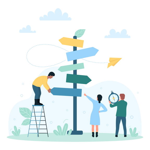 Illustration of three people working together near a large signpost with multiple directional arrows in various colors. One person is adjusting a sign, another points in a direction, and the third holds a compass, symbolizing teamwork and decision-making.