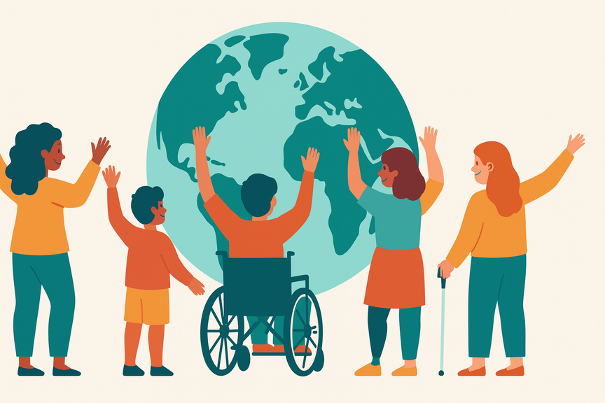 Illustration of a diverse group of people, including a person in a wheelchair, celebrating together around a globe for International Day of People with Disability