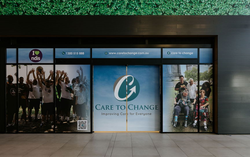 Care to Change shopfront signage at the Morayfield Hub entrance